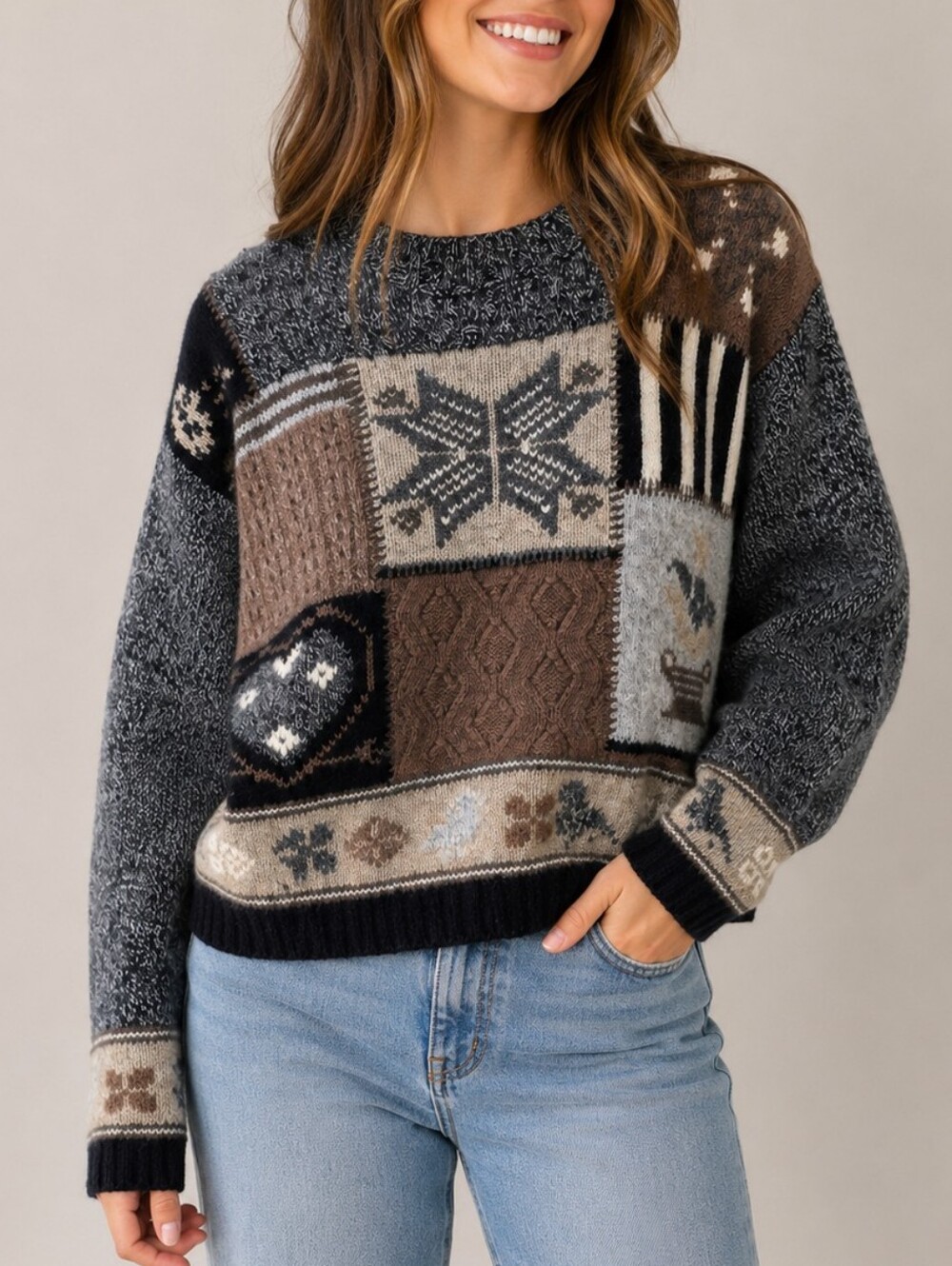 Eddie Bauer Vintage 90s Nordic Patchwork Wool Blend Sweater Size Small Gray 1993